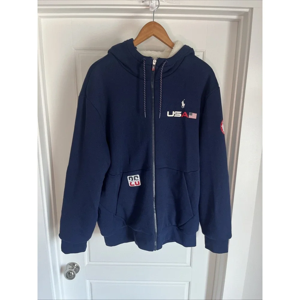 Polo Ralph Lauren Men Team USA 2026 olympics Fleece Full-Zip Hoodie L Blue USA